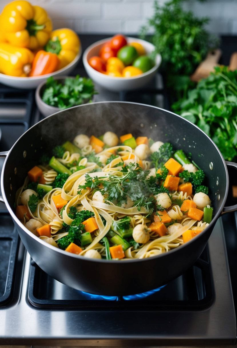 A colorful array of fresh vegetables, pasta, and herbs simmering in a large pot on a stove