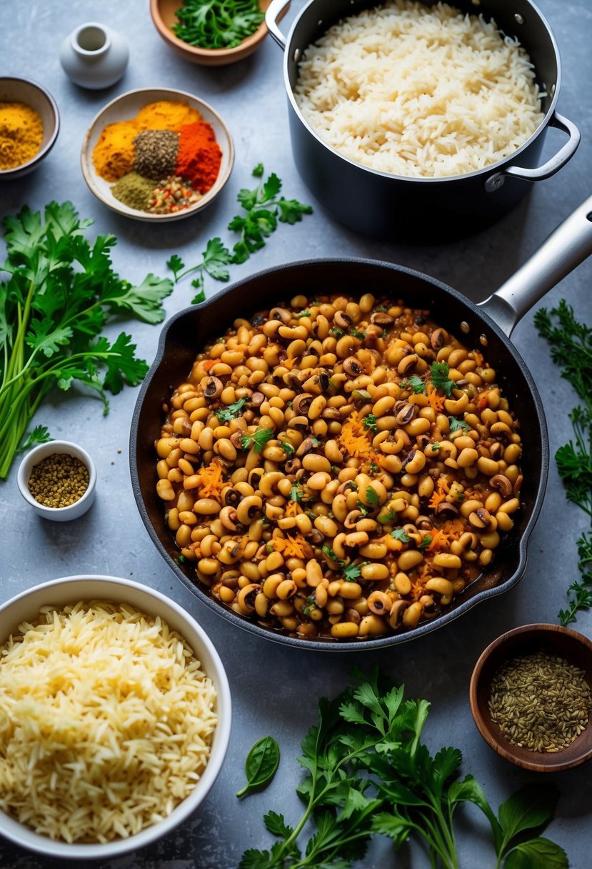 A sizzling skillet of masala black-eyed peas surrounded by vibrant spices and fresh herbs, with a steaming pot of basmati rice nearby