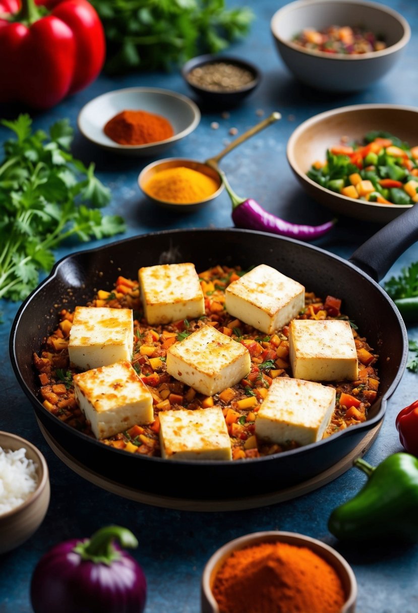 A sizzling skillet of Paneer Chile Dry surrounded by colorful spices and fresh vegetables