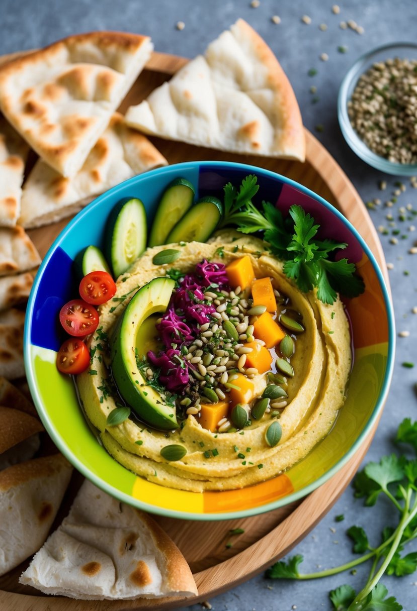 A colorful bowl filled with vegan hummus, topped with a variety of fresh vegetables and seeds, surrounded by pita bread and a sprinkle of herbs