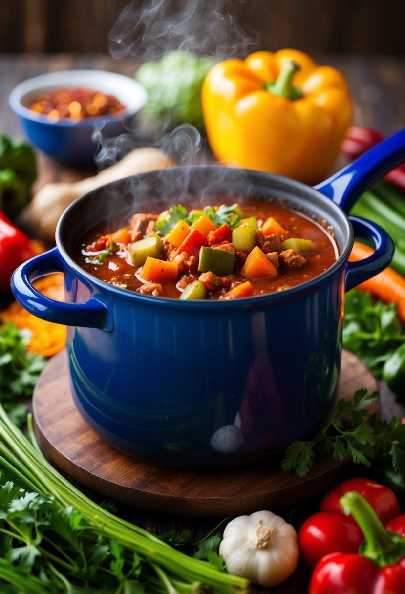 A steaming pot of veggie chili surrounded by colorful vegetables and spices