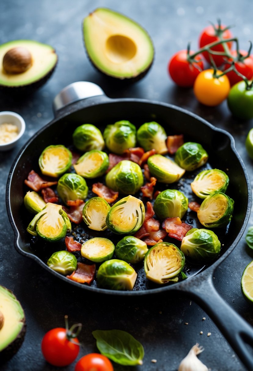 A skillet sizzling with crispy brussel sprouts, bacon, and garlic, surrounded by colorful keto-friendly ingredients like avocado and cherry tomatoes