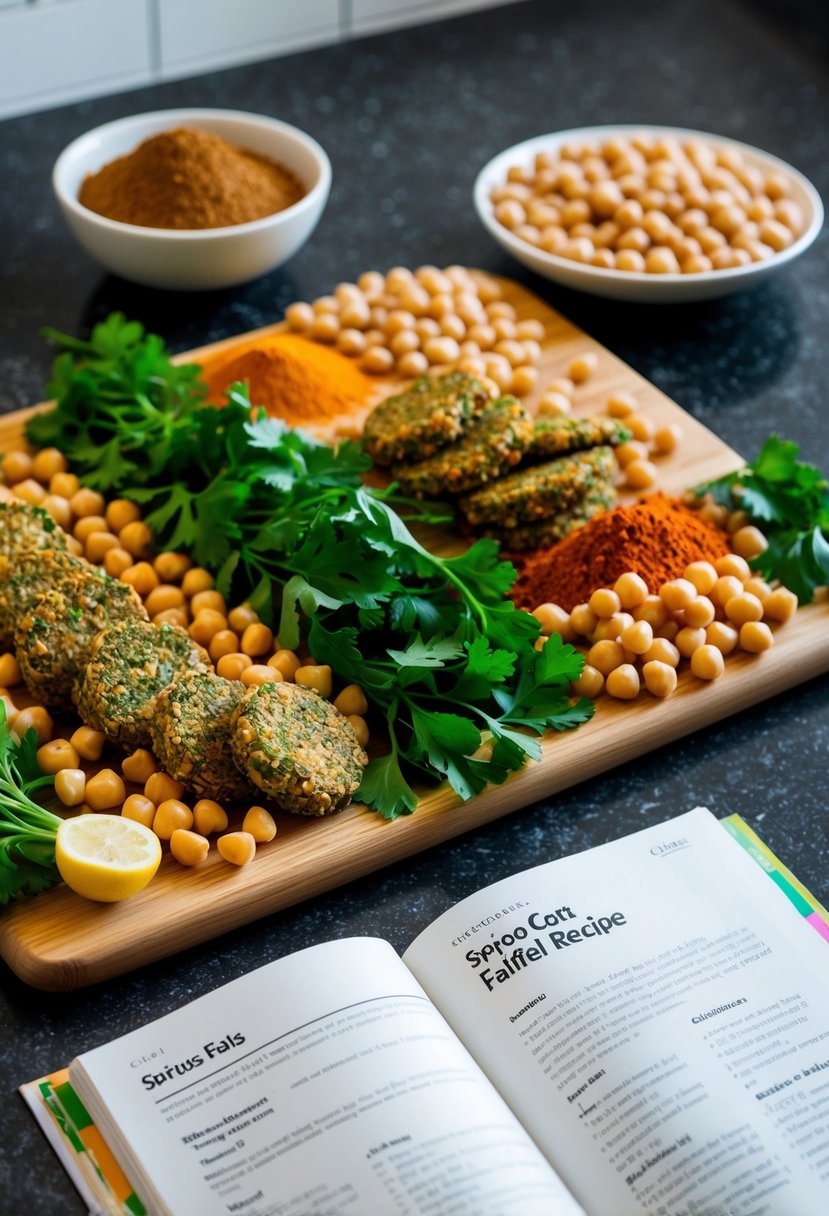 A colorful spread of fresh chickpeas, parsley, and spices arranged on a kitchen counter, with a recipe book open to "Serious Eats Falafel Recipe."