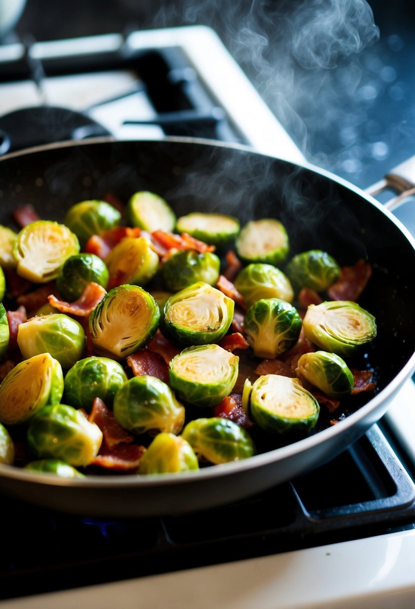 A sizzling skillet of Brussels sprouts and bacon cooking on a stovetop. The sprouts are golden and crispy, emitting a savory aroma