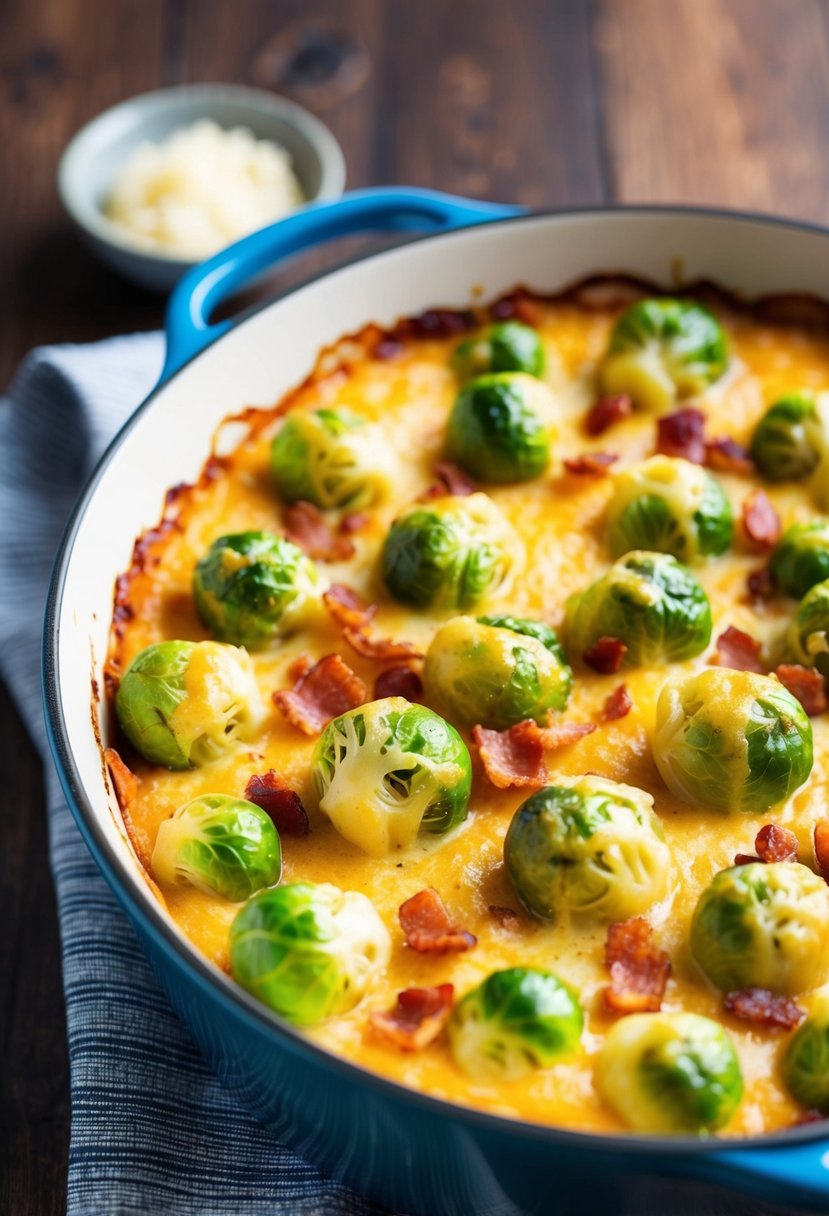 A bubbling casserole dish filled with golden-brown brussels sprouts coated in a creamy, cheesy garlic sauce, sprinkled with crispy bacon bits