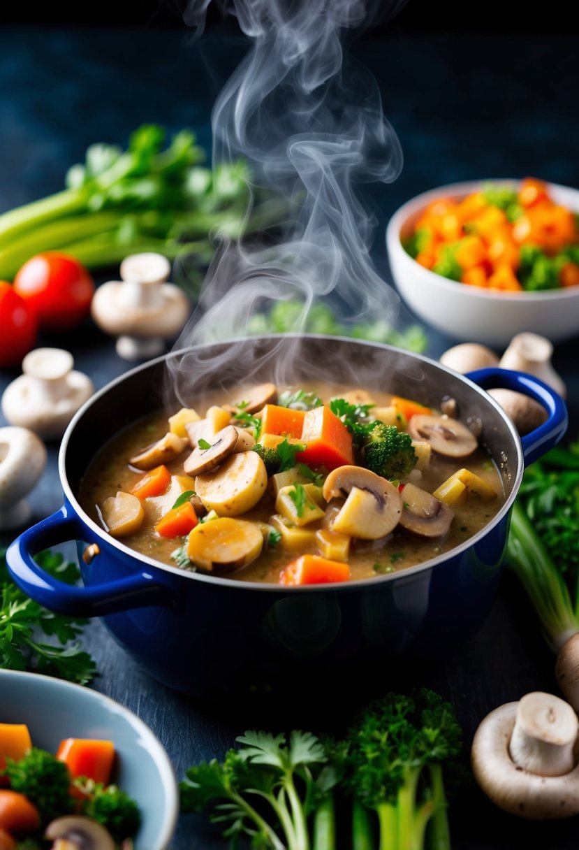 A steaming pot of veggie stroganoff surrounded by fresh mushrooms and colorful vegetables