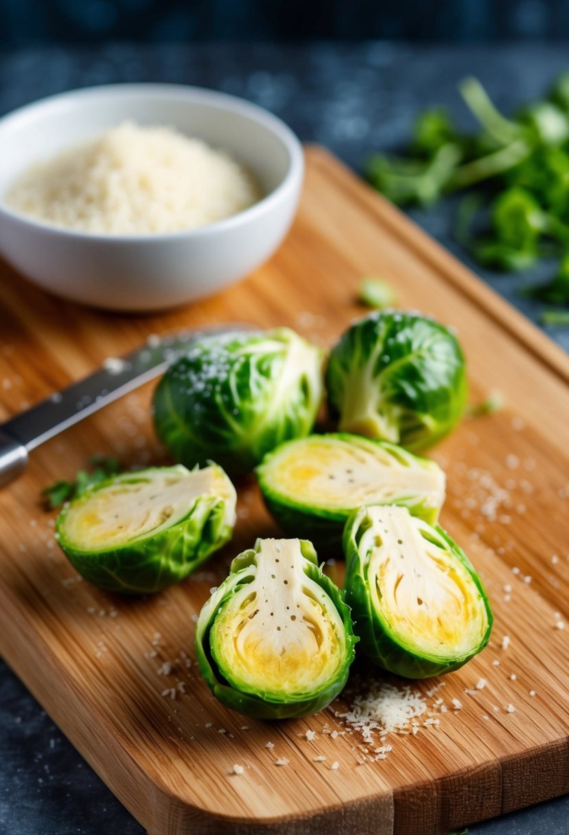 A wooden cutting board with halved brussels sprouts, grated parmesan, and seasonings