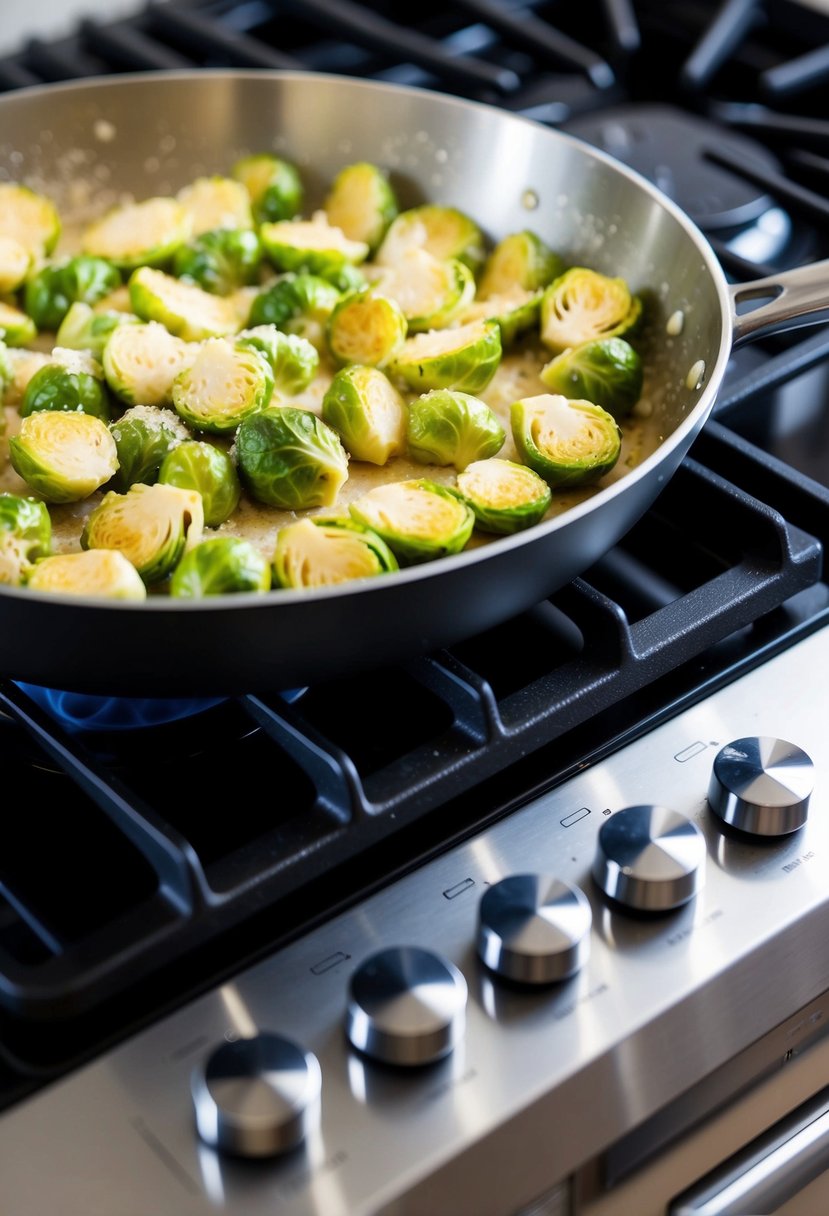 A skillet of creamy garlic parmesan brussels sprouts sizzling over a stove