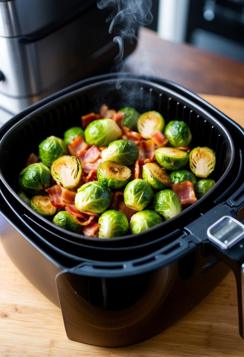 Brussels sprouts and bacon sizzling in an air fryer, emitting savory aroma