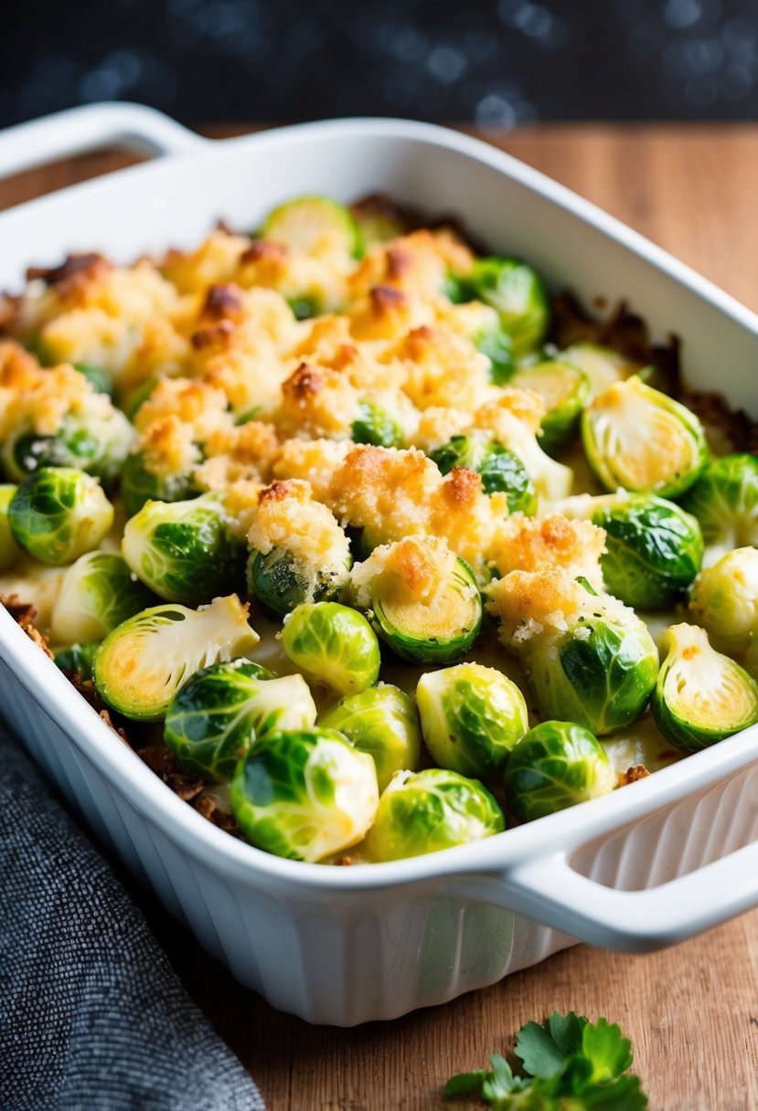 A baking dish filled with creamy Brussels sprouts topped with a golden-brown, crispy cheese crust