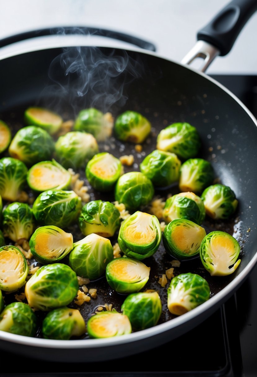 Brussels sprouts sizzling in a hot pan with minced garlic, emitting a savory aroma