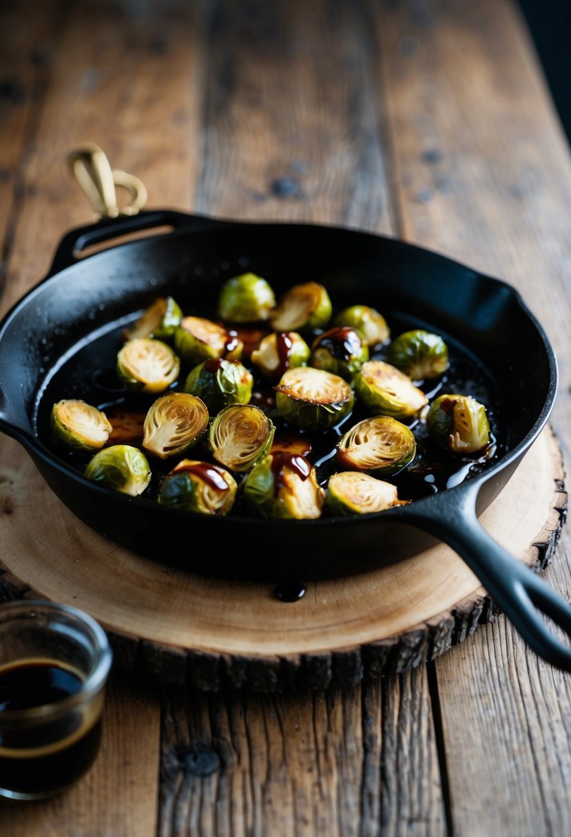 A sizzling skillet of roasted Brussels sprouts drizzled with balsamic glaze on a rustic wooden table