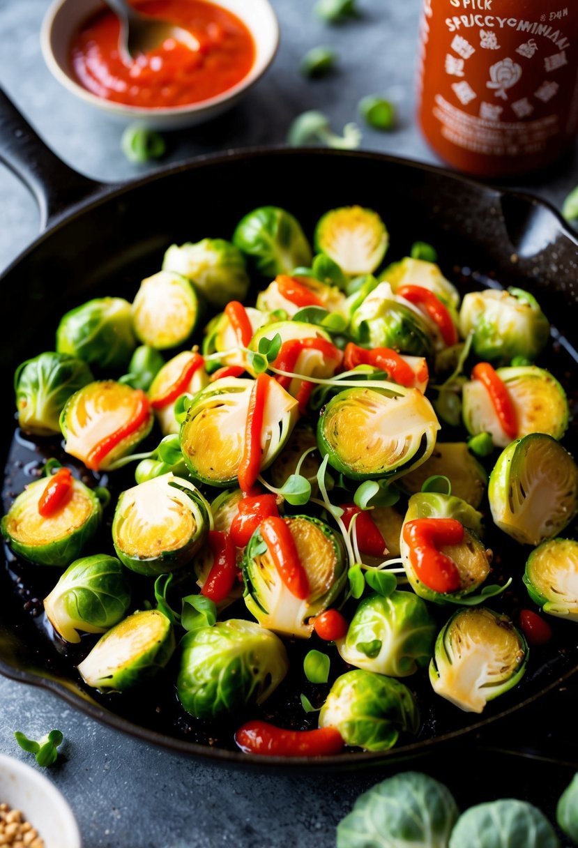 A sizzling skillet of spicy Sriracha Brussels sprouts, surrounded by vibrant green sprouts and a drizzle of red sauce