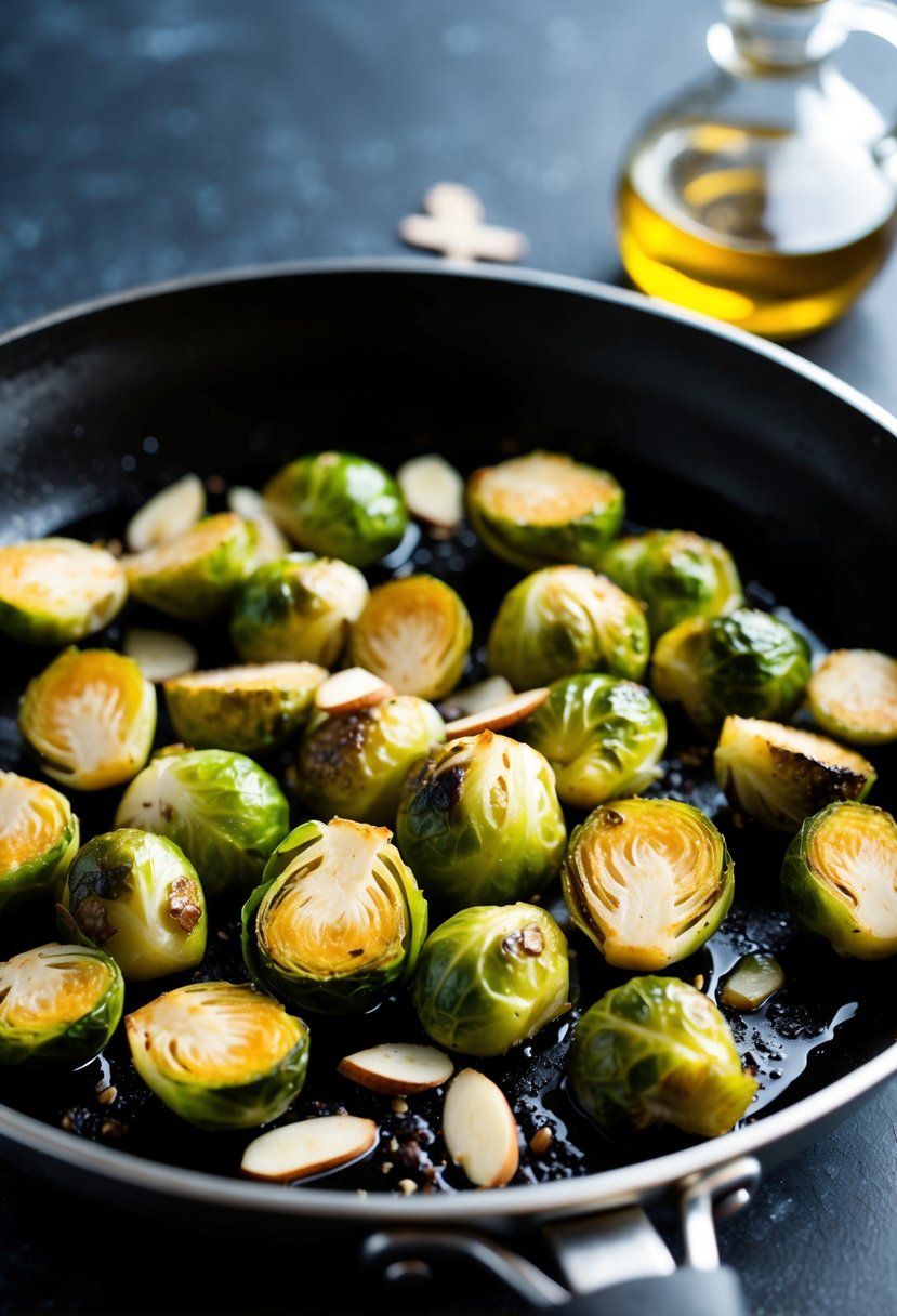 A skillet of roasted Brussels sprouts with sliced almonds, sizzling in olive oil