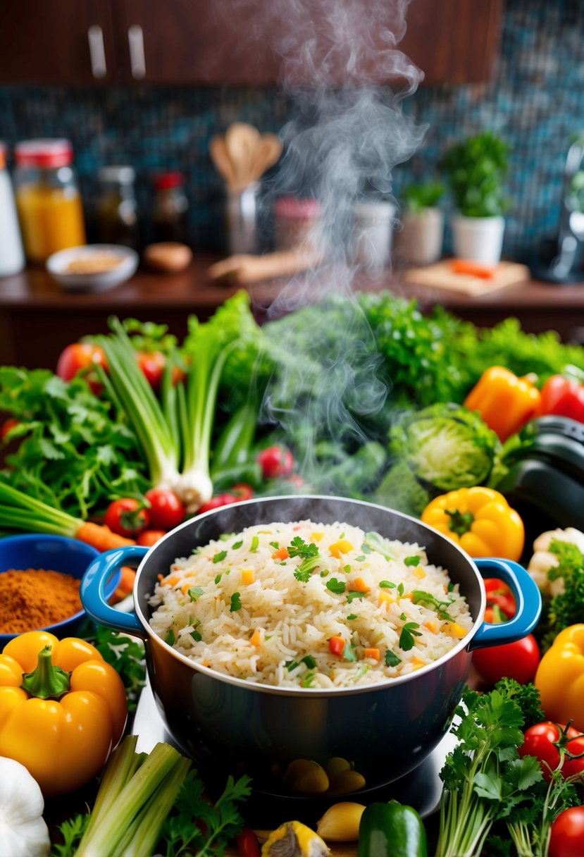 A colorful array of fresh vegetables and herbs surrounding a steaming pot of cooked rice, with a variety of spices and healthy ingredients scattered around the kitchen counter