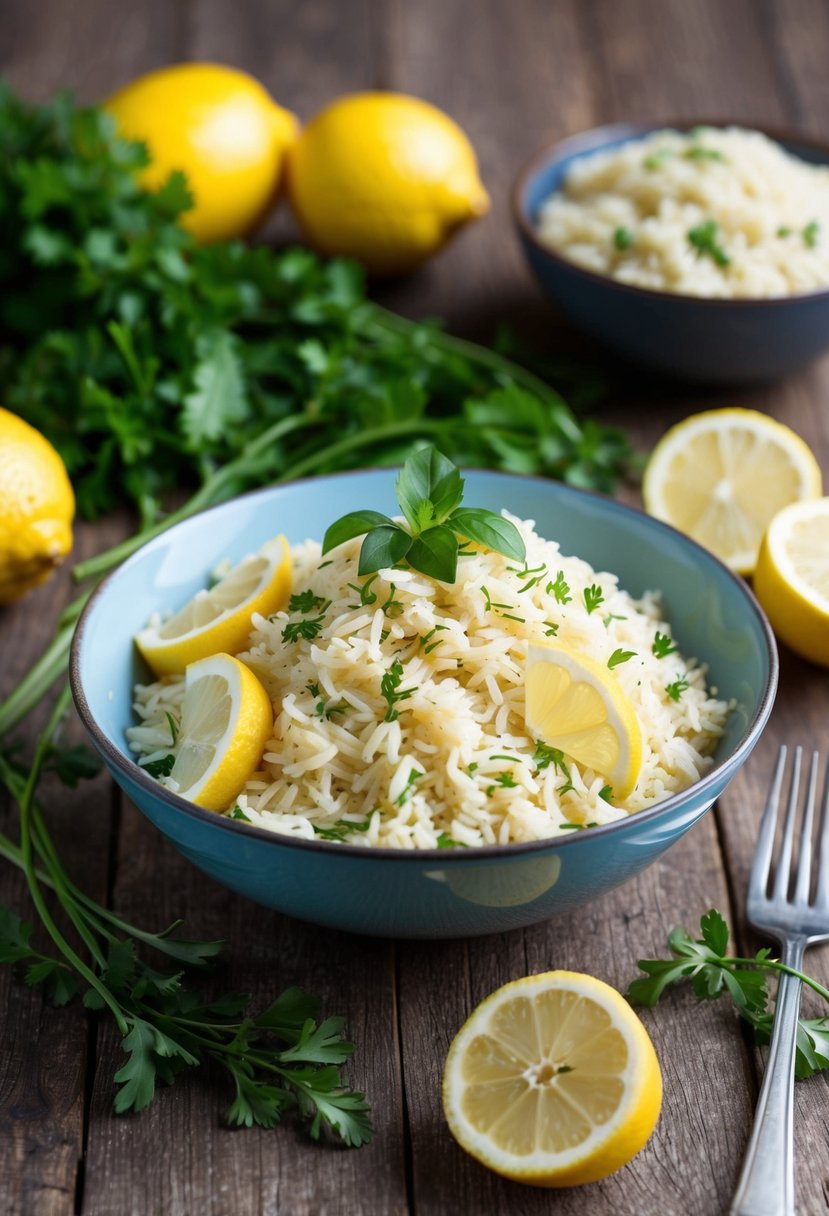 A bowl of lemon rice pilaf surrounded by fresh lemon slices and herbs on a rustic wooden table