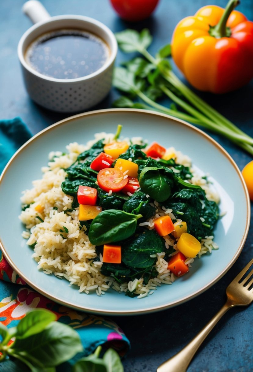 A colorful plate of spinach and rice with vibrant vegetables