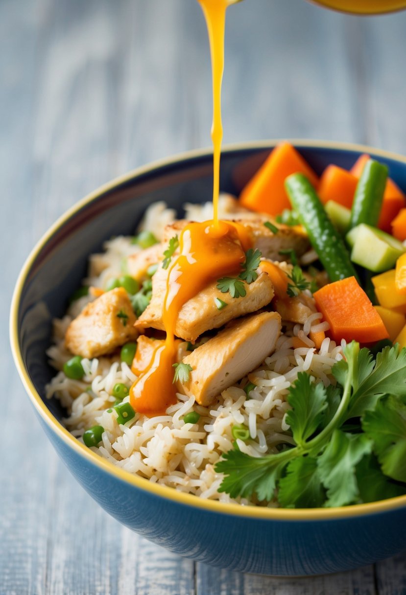 A colorful bowl filled with rice, chicken, and healthy vegetables, topped with a drizzle of flavorful sauce