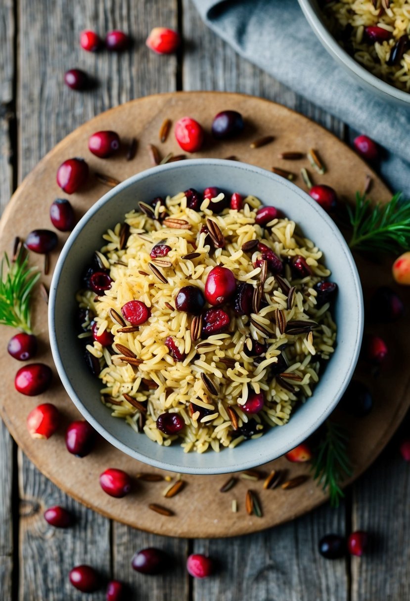 A rustic wooden table with a bowl of cranberry wild rice pilaf, surrounded by scattered cranberries and wild rice grains