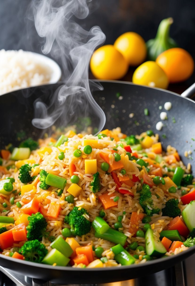 A colorful array of fresh vegetables stir-frying with rice in a sizzling wok. Steam rises as the ingredients combine for a healthy vegetable fried rice dish