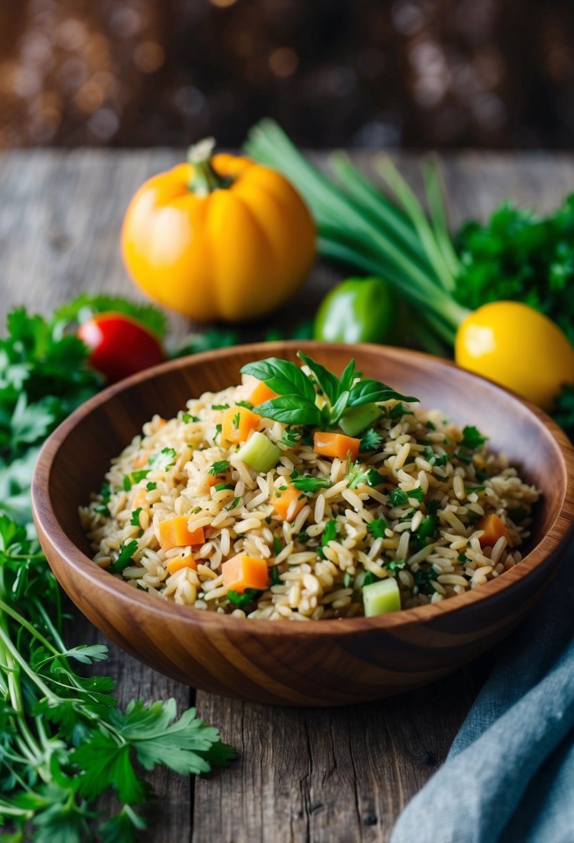 A wooden bowl filled with brown rice tabouli surrounded by fresh vegetables and herbs on a rustic table