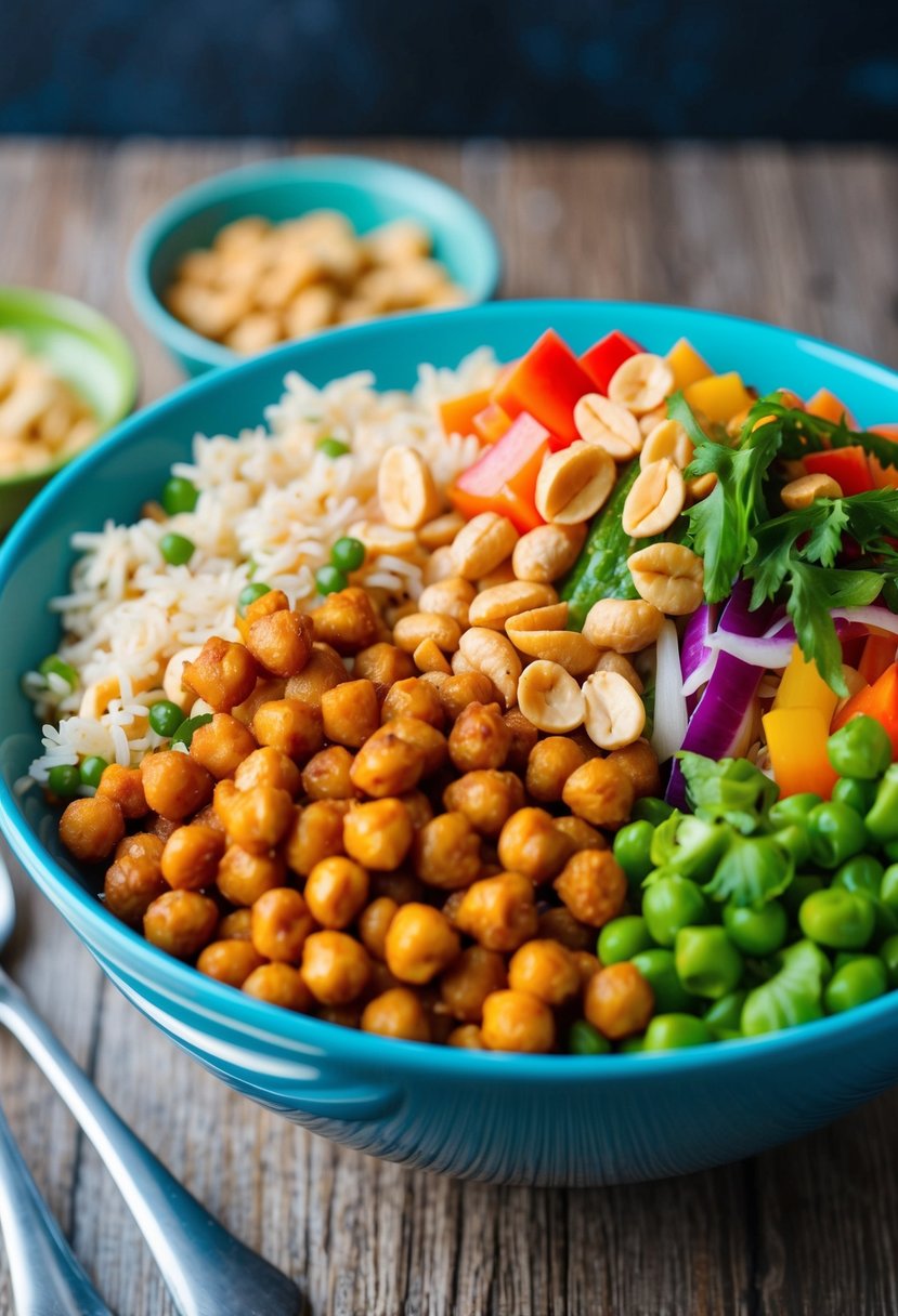 A colorful bowl filled with layers of fluffy rice, roasted chickpeas, and crunchy peanuts, topped with vibrant, fresh vegetables