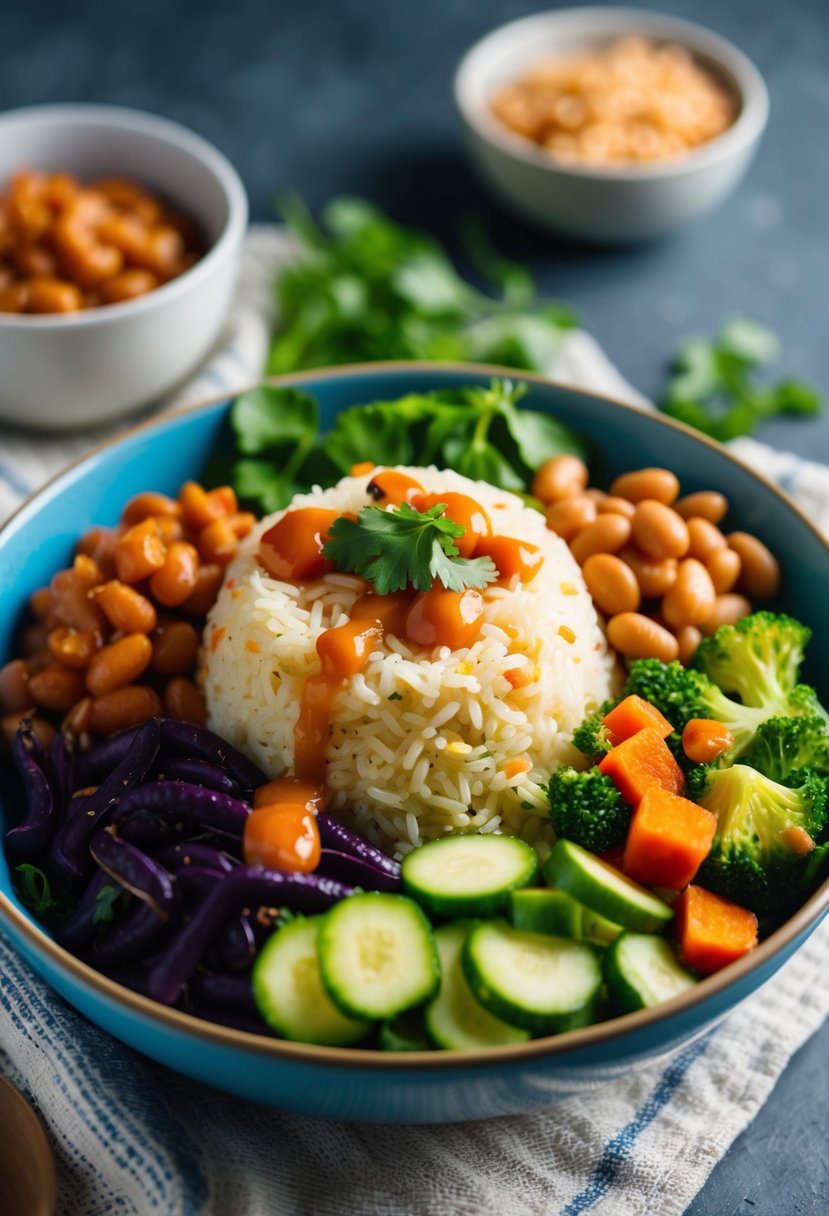 A colorful bowl filled with fluffy rice, vibrant vegetables, and protein-packed beans, topped with a drizzle of savory sauce