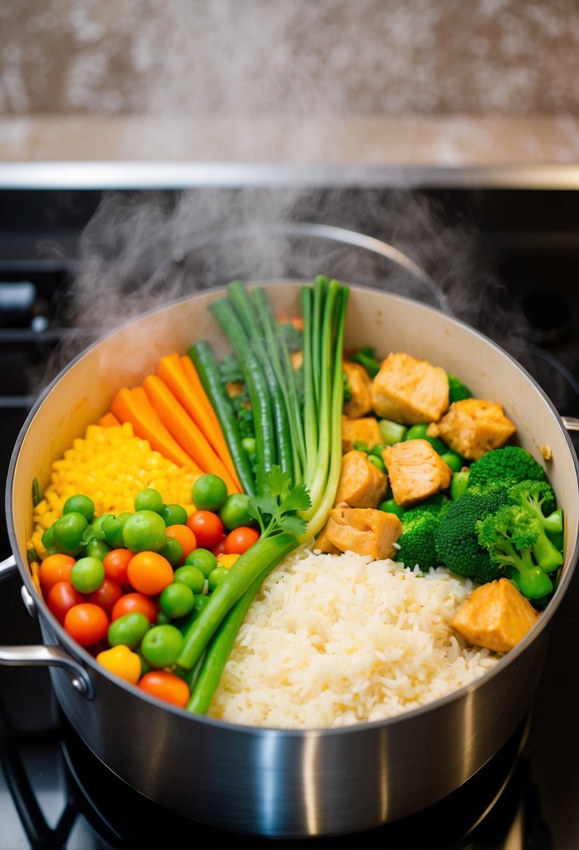 A colorful array of fresh vegetables, tender chicken pieces, and fluffy rice cooking together in a large, steaming pot on a stovetop