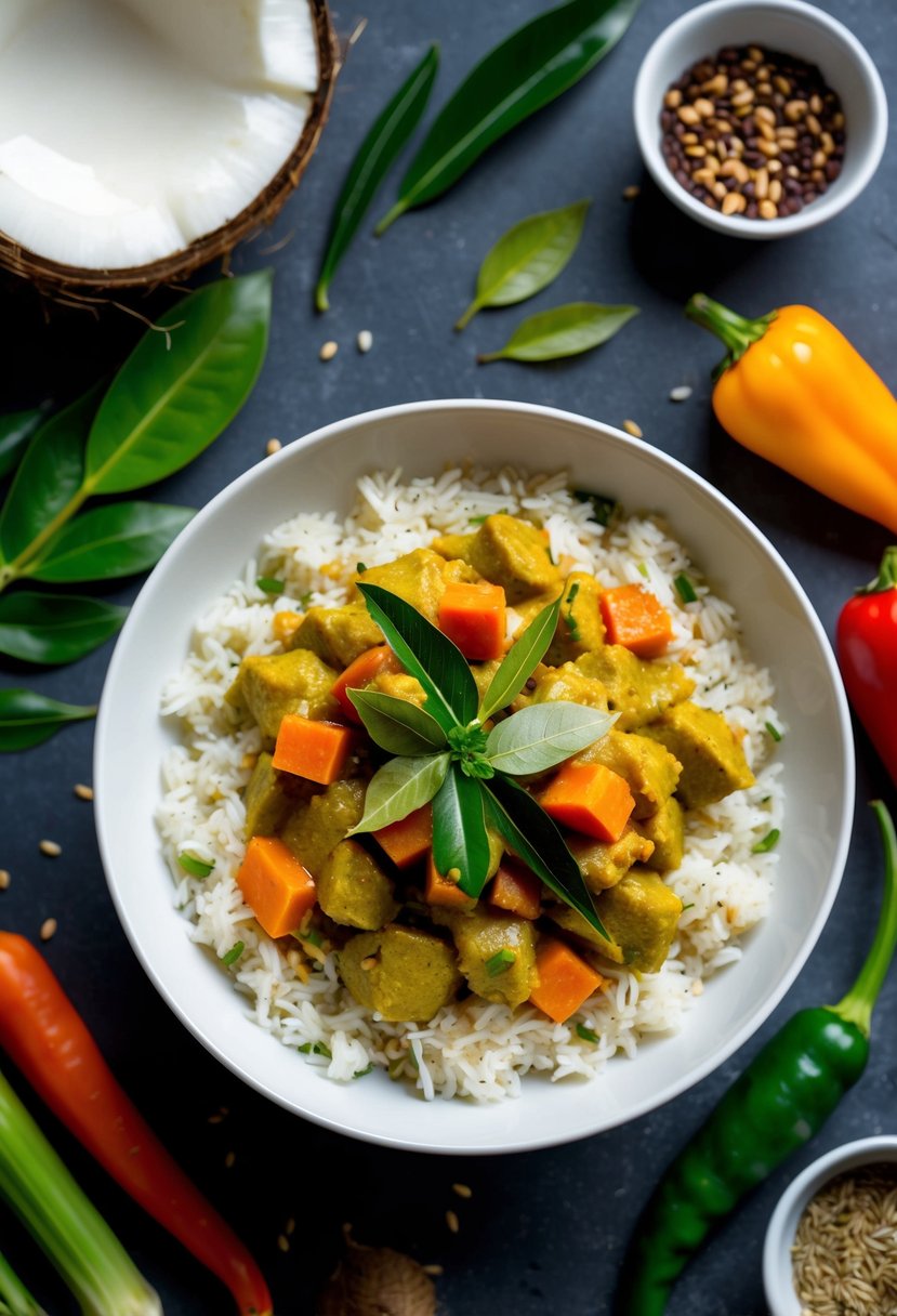 A coconut curry rice dish surrounded by vibrant, fresh ingredients like coconut, curry leaves, and colorful vegetables