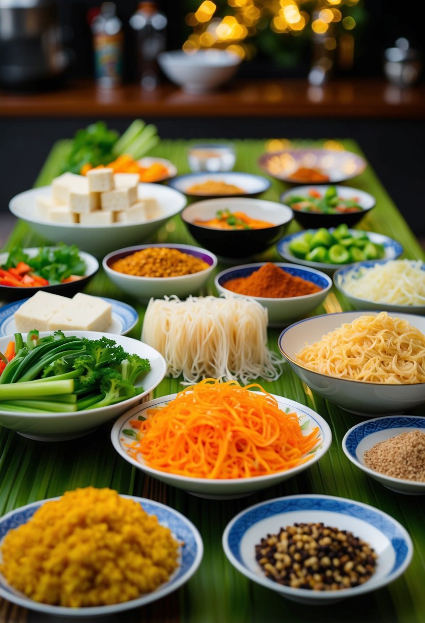 A table set with colorful and aromatic ingredients like tofu, vegetables, rice noodles, and various Asian spices