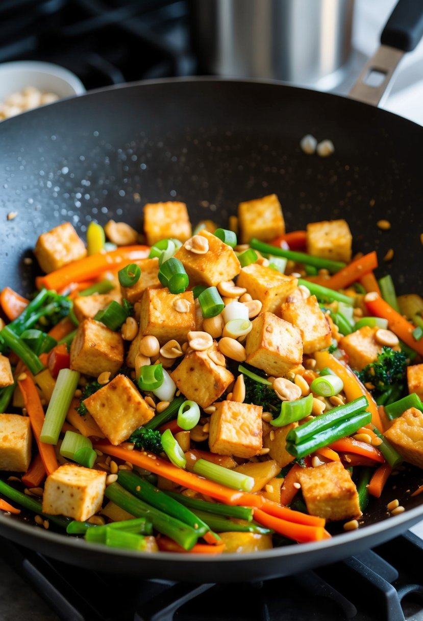 A sizzling wok filled with colorful stir-fried vegetables and cubes of crispy tofu, garnished with peanuts and fresh green onions