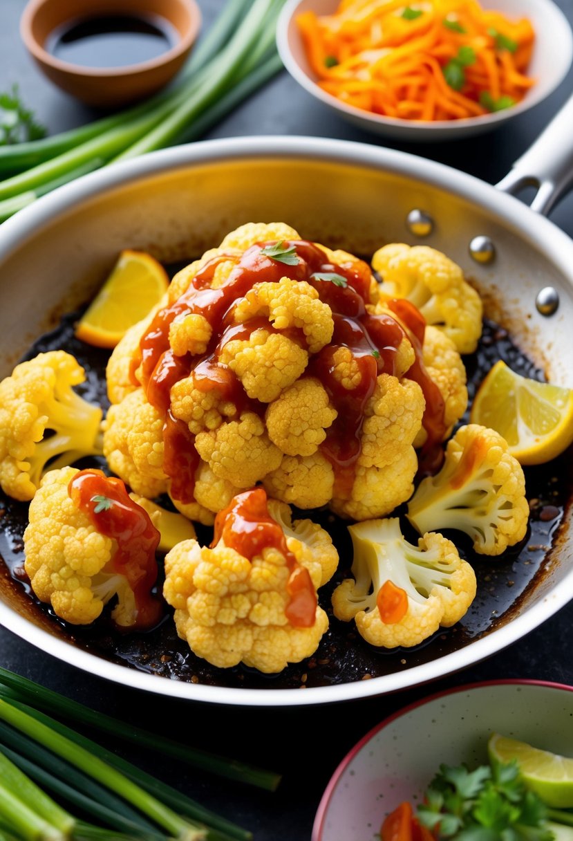 A sizzling pan of golden cauliflower coated in sticky sweet and sour sauce, surrounded by vibrant Asian ingredients