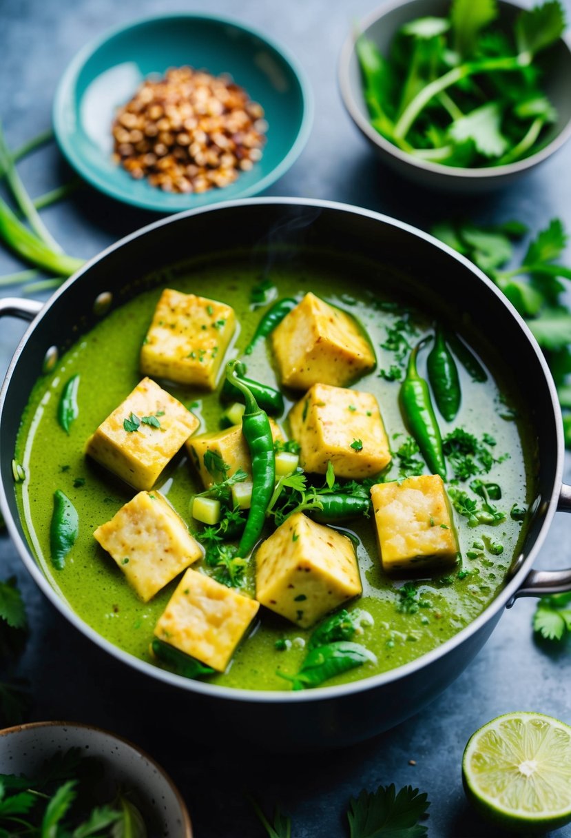 A steaming pot of Thai green curry with chunks of tofu, surrounded by vibrant green herbs and spices