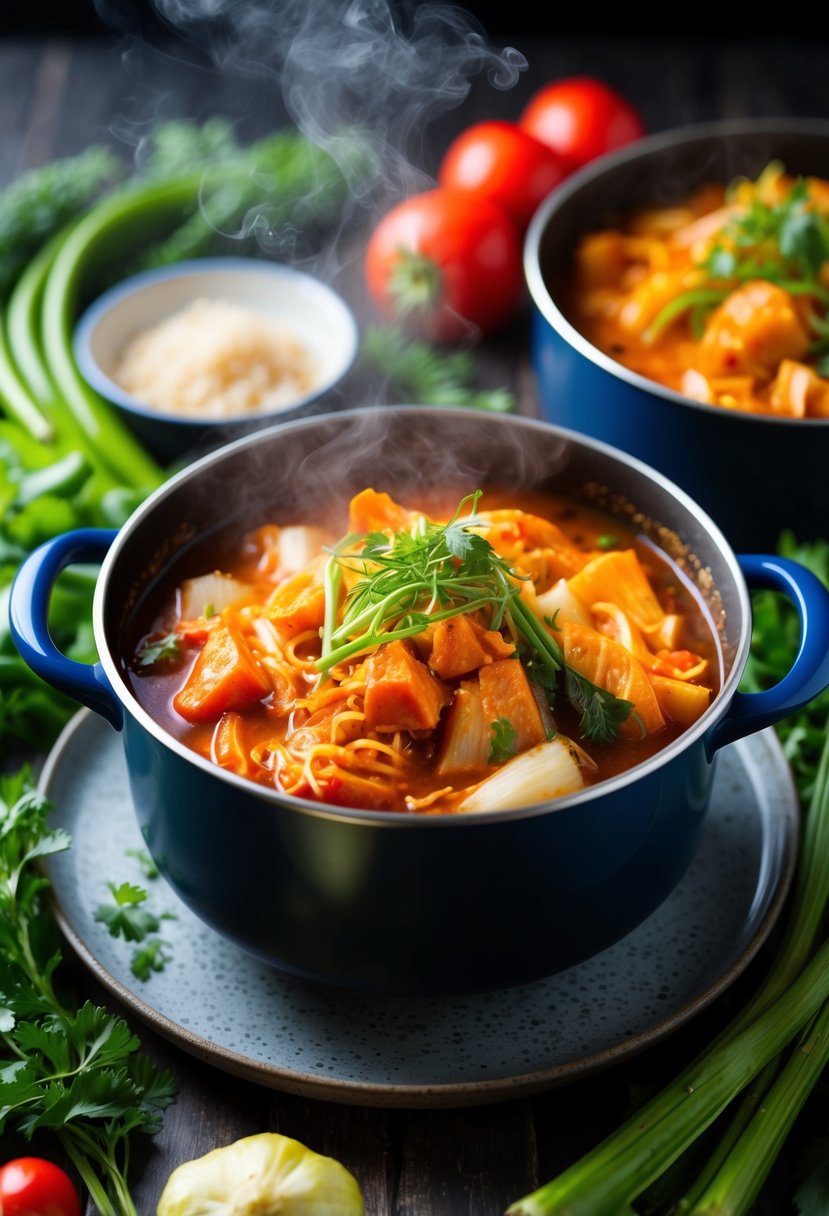 A steaming pot of spicy kimchi stew surrounded by fresh vegetables and herbs