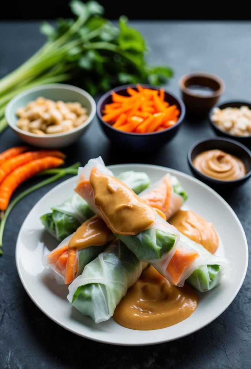 A plate of rice paper spring rolls with peanut sauce, surrounded by vibrant Asian ingredients