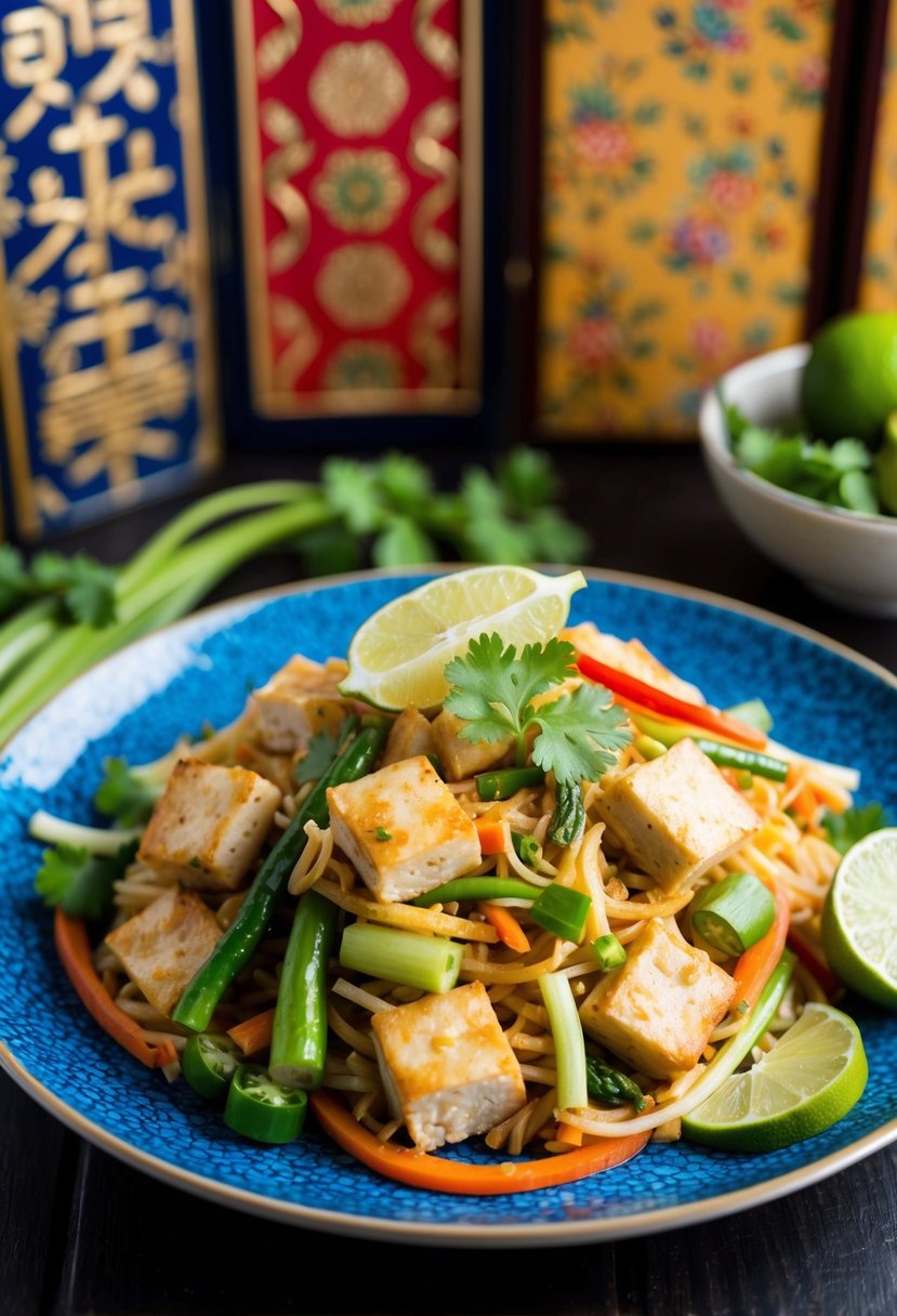 A colorful plate of gluten-free vegan Pad Thai with fresh vegetables and tofu, garnished with lime and cilantro, set against a backdrop of traditional Asian decor