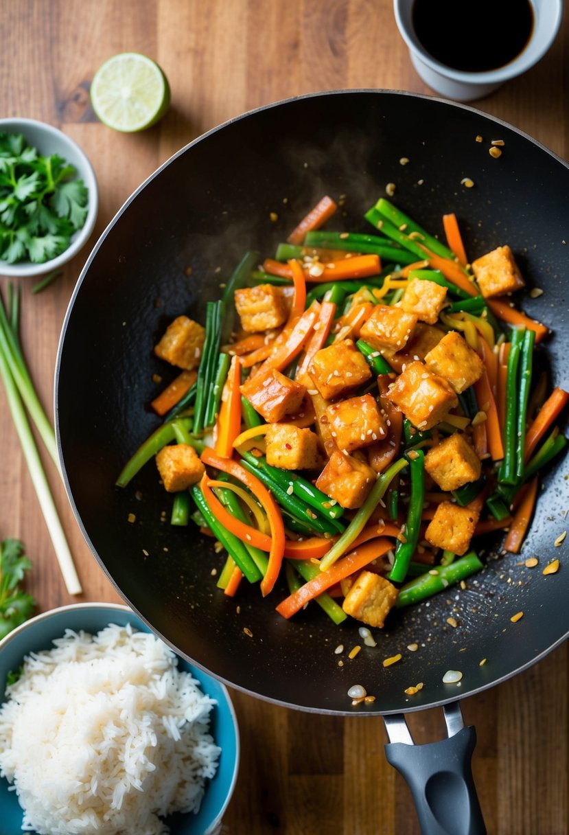 A sizzling wok filled with colorful stir-fried vegetables, chunks of teriyaki-glazed tempeh, and steaming rice on the side