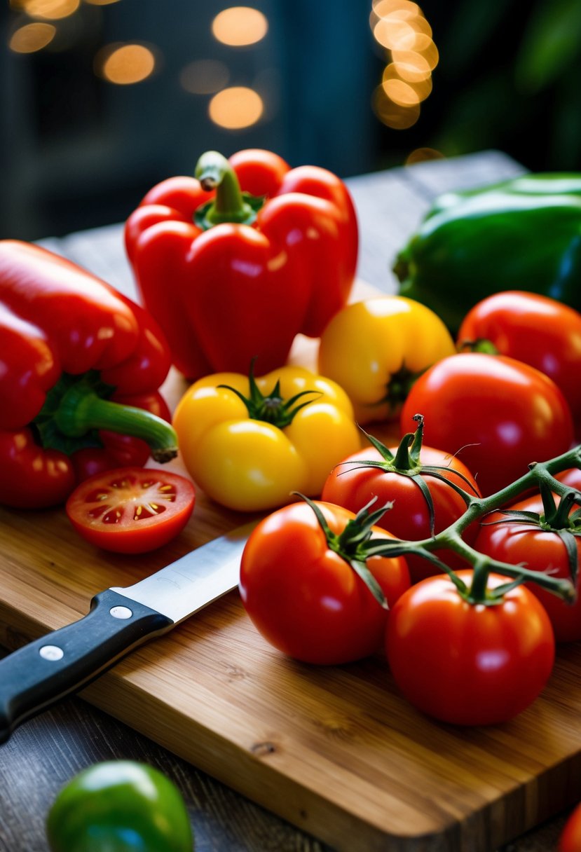 Fresh peppers and tomatoes arranged on a wooden cutting board with a knife