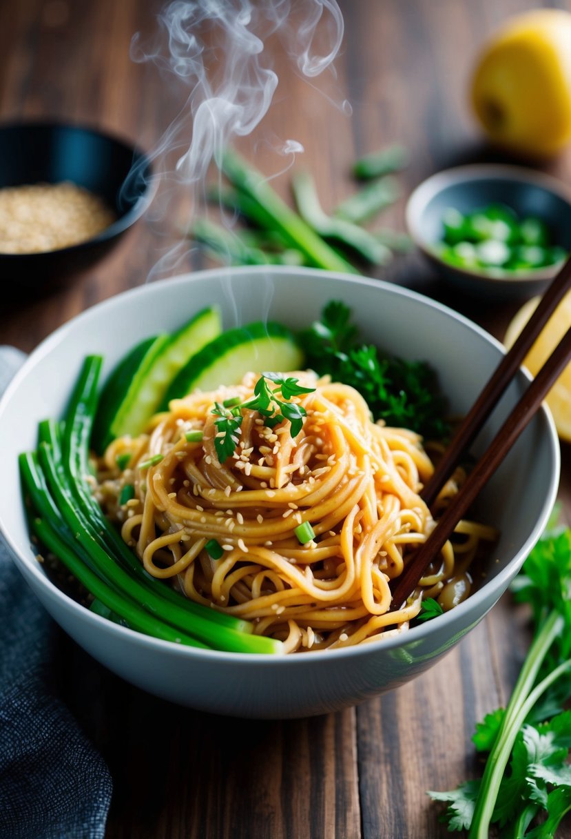 A steaming bowl of sesame ginger noodles surrounded by fresh vegetables and herbs, with chopsticks resting on the side