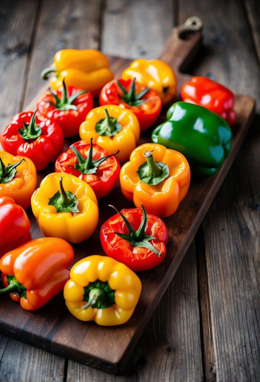 A colorful array of roasted bell peppers and tomatoes on a rustic wooden cutting board