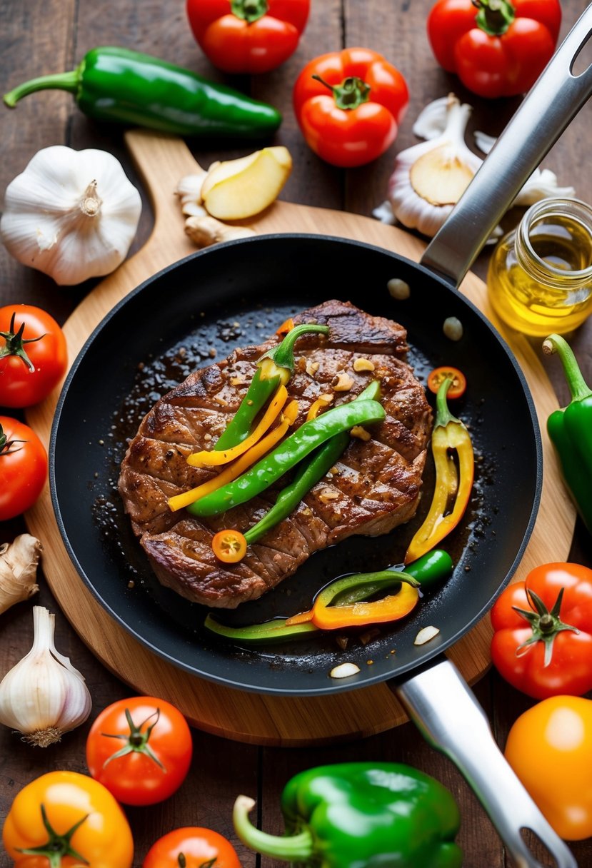 A sizzling pan of pepper steak surrounded by vibrant garlic, ginger, peppers, and tomatoes