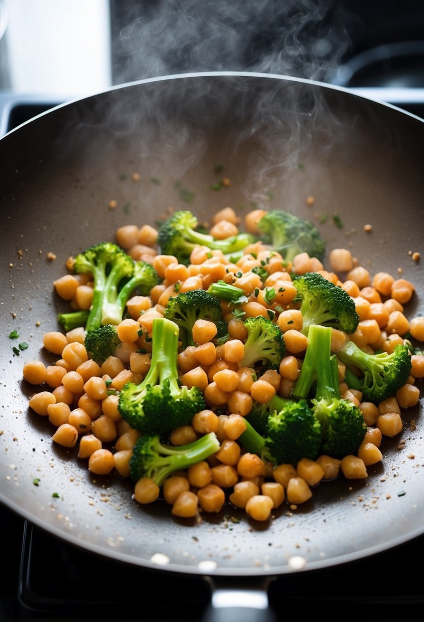 A wok sizzling with chickpeas, broccoli, and Asian seasonings