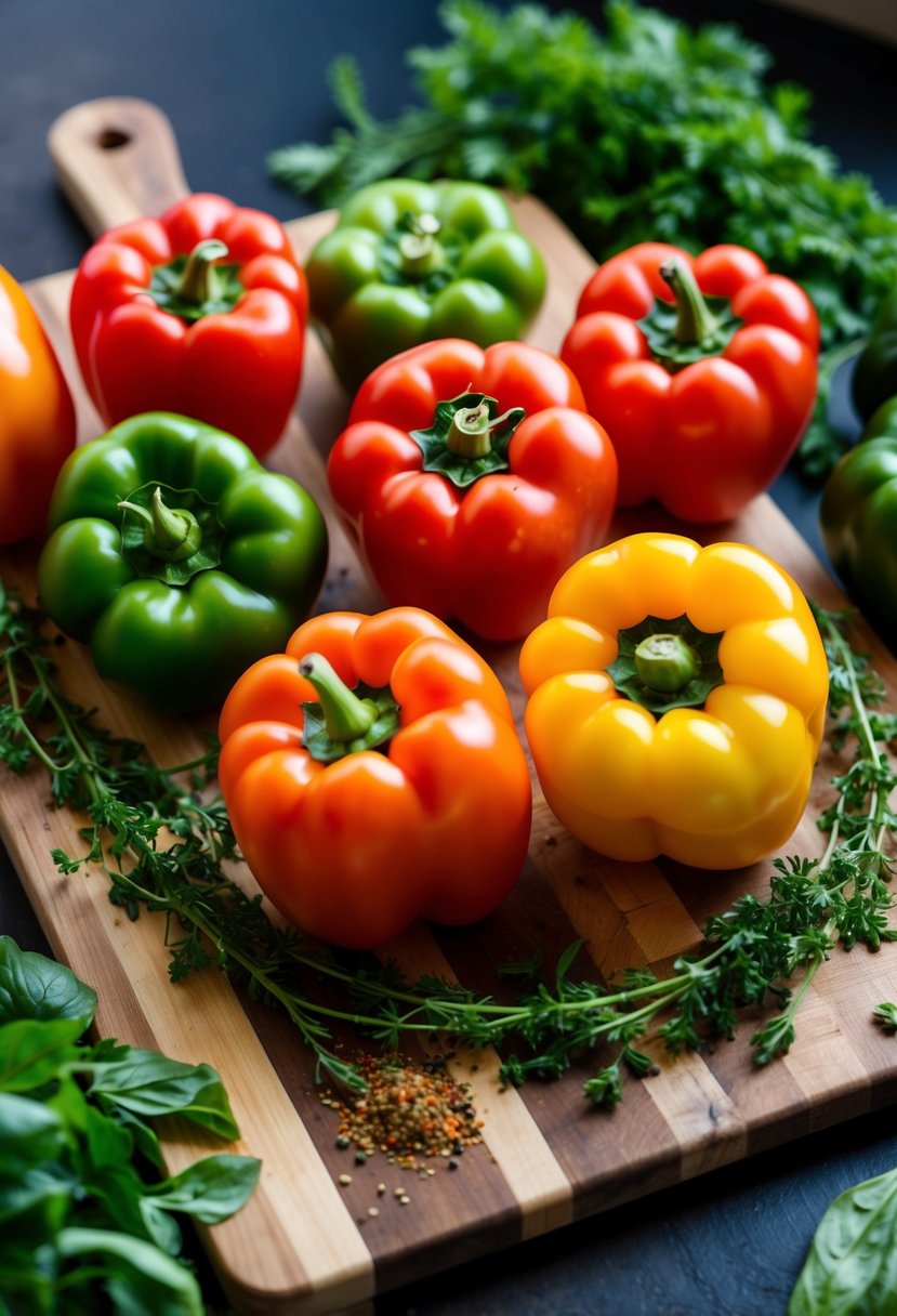 Fresh bell peppers and ripe tomatoes arranged on a wooden cutting board, surrounded by vibrant green herbs and spices