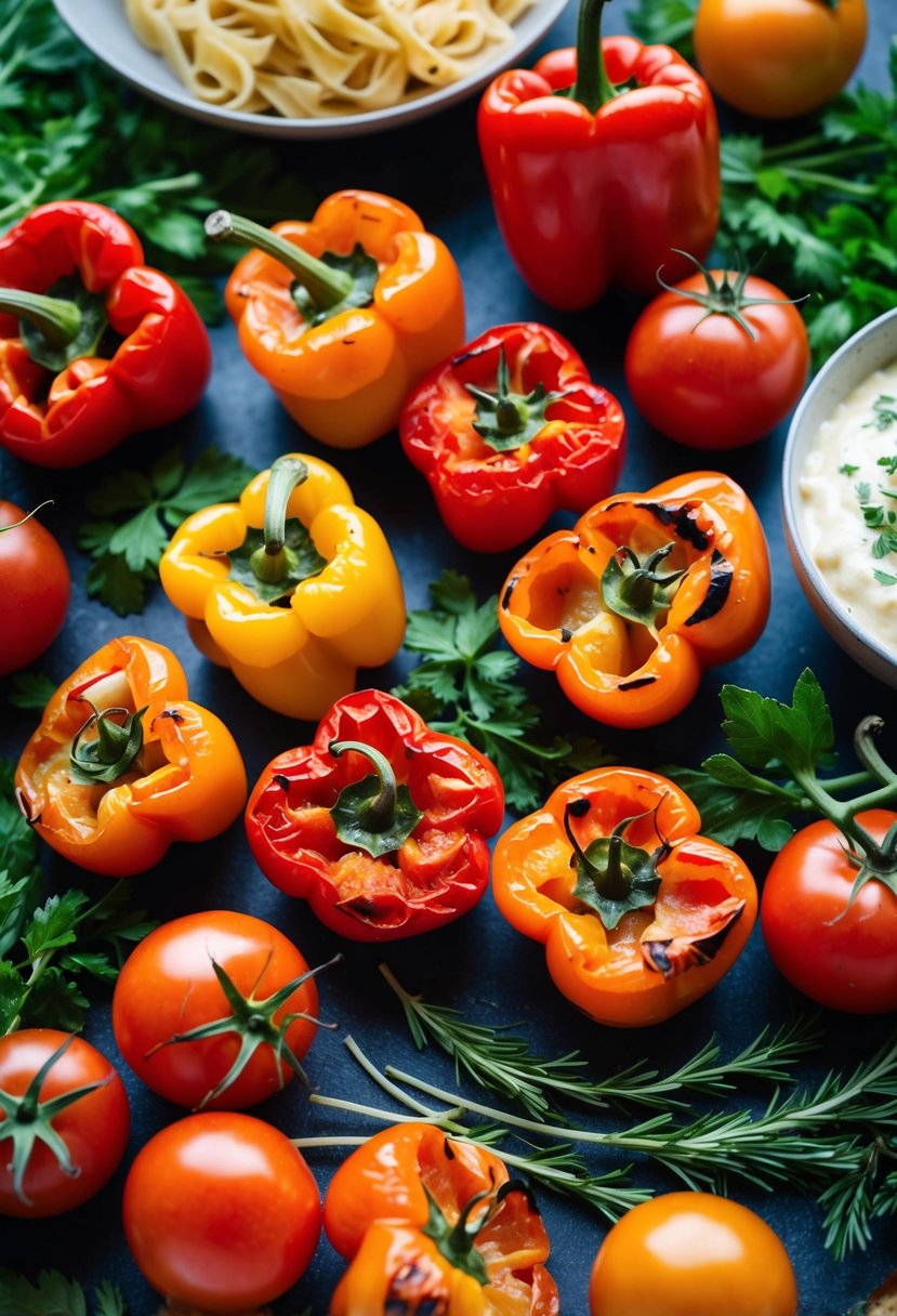 A colorful array of roasted red peppers and ripe tomatoes, surrounded by fresh herbs and a creamy pasta dish