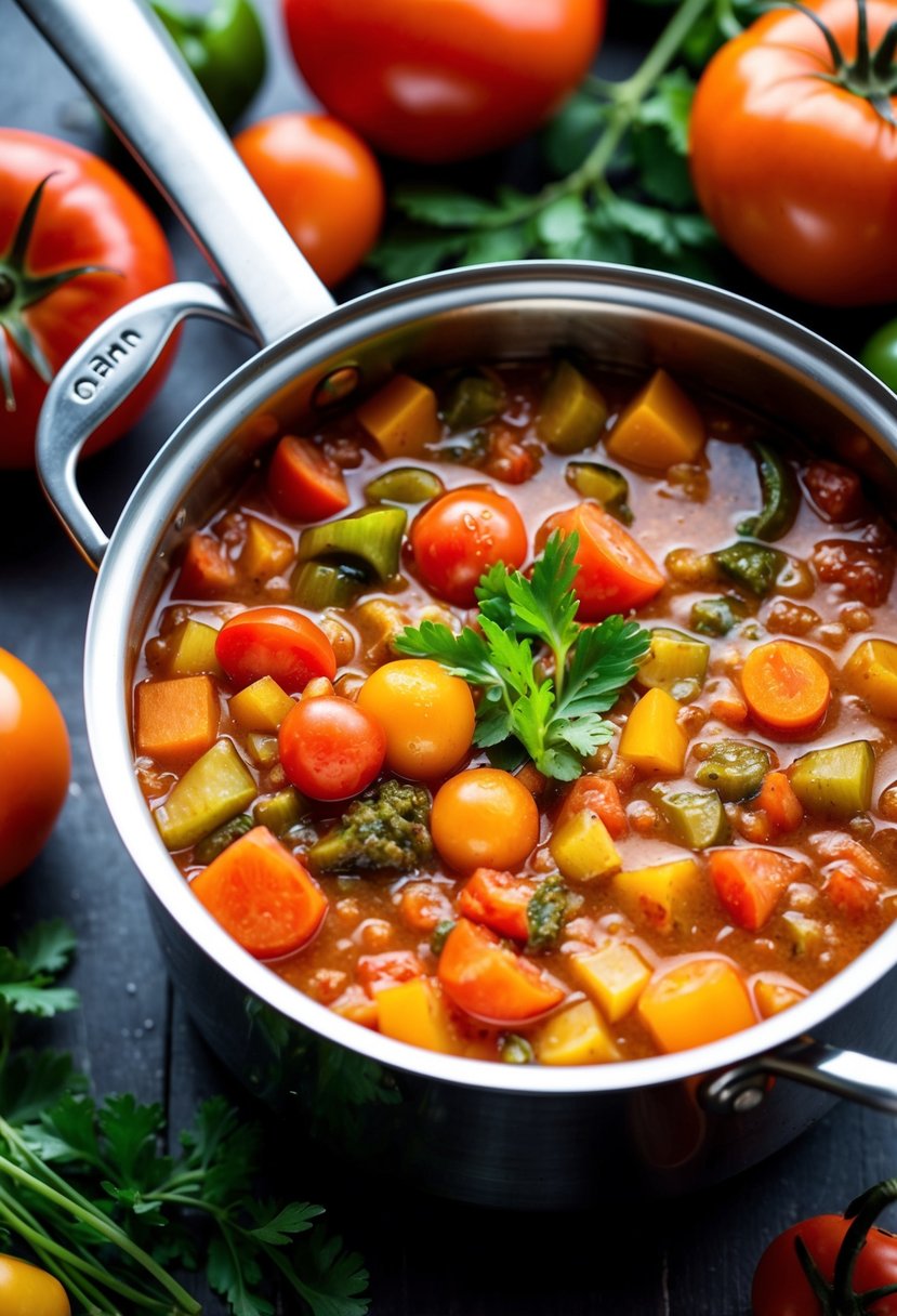 A bubbling pot of hearty vegetable stew surrounded by fresh tomatoes and peppers