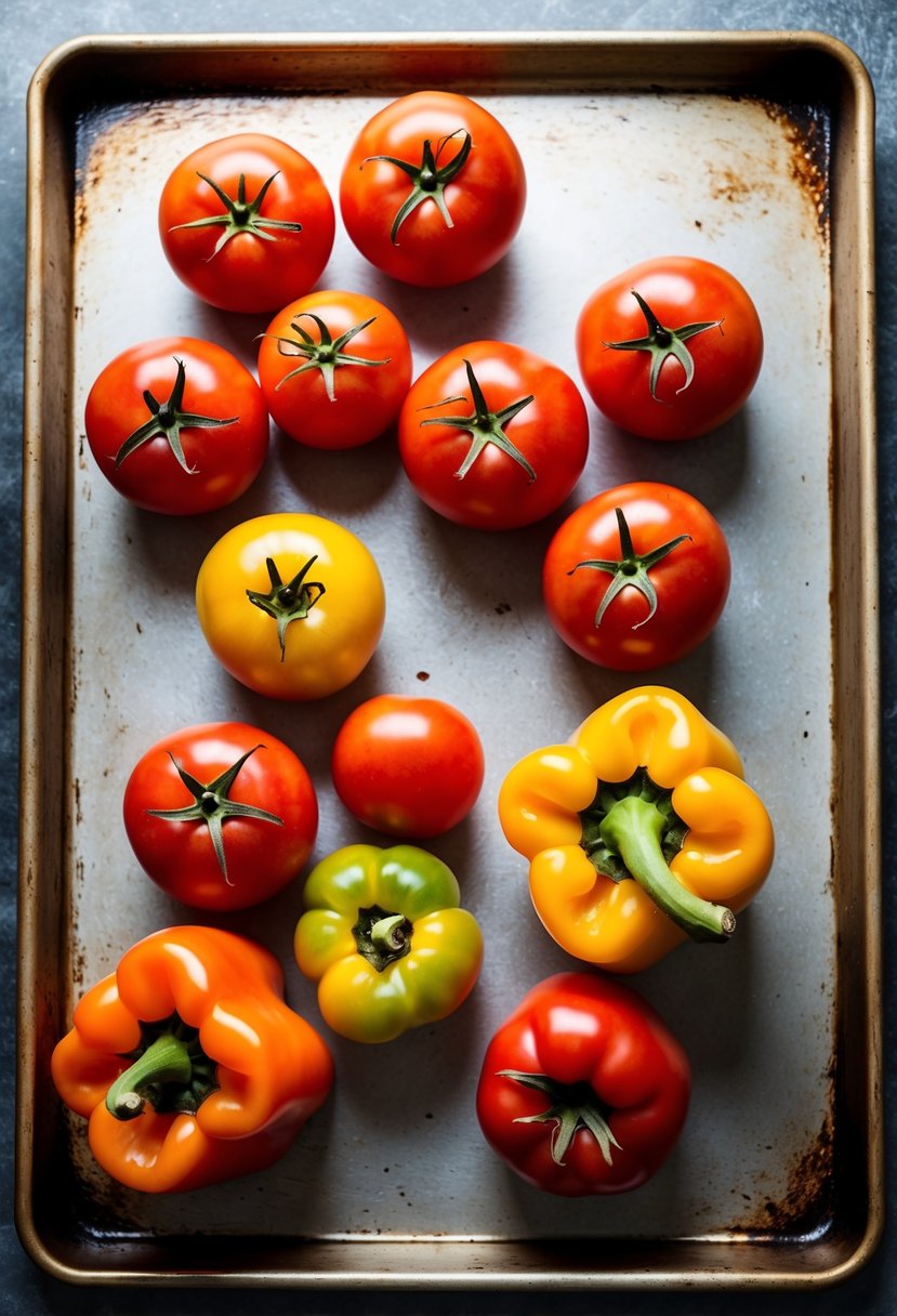 Fresh tomatoes and sweet peppers arranged on a sheet pan, ready for roasting