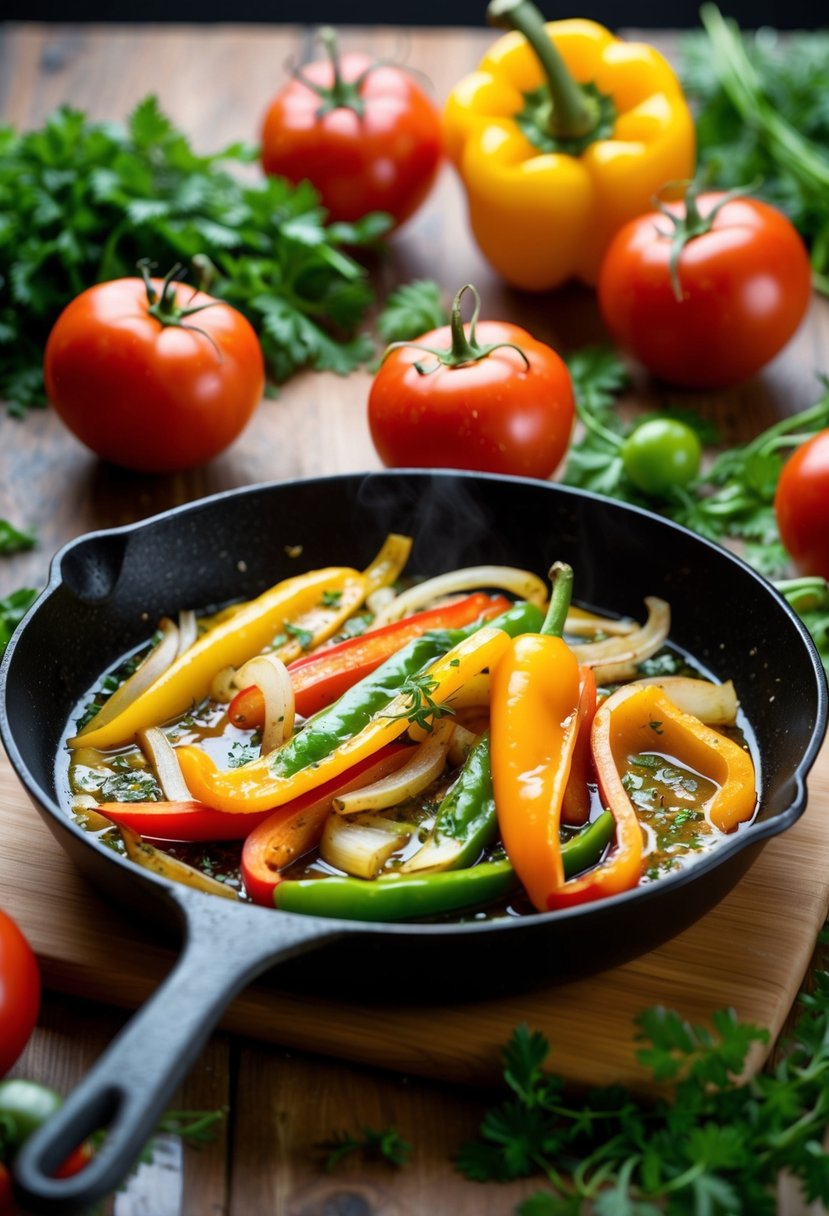 A sizzling skillet with colorful peppers and onions sautéing in olive oil, surrounded by fresh tomatoes and herbs