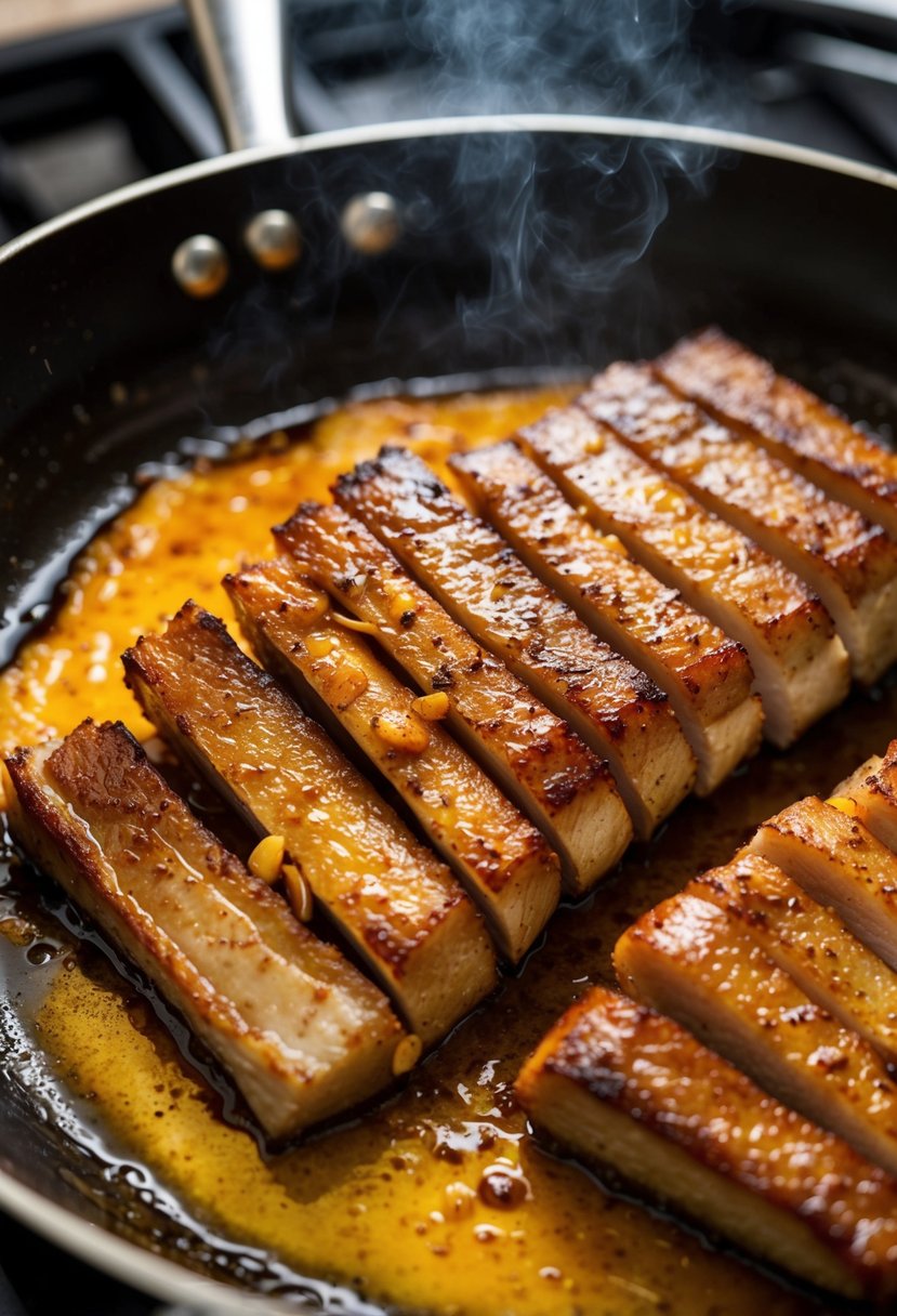 Pork belly slices sizzling in a hot skillet, caramelizing and browning as they cook, emitting a mouthwatering aroma