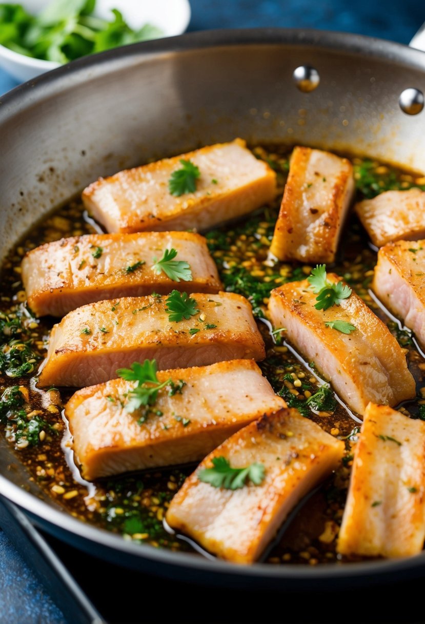 Sizzling pork belly slices in a wok with Thai-style seasonings and herbs