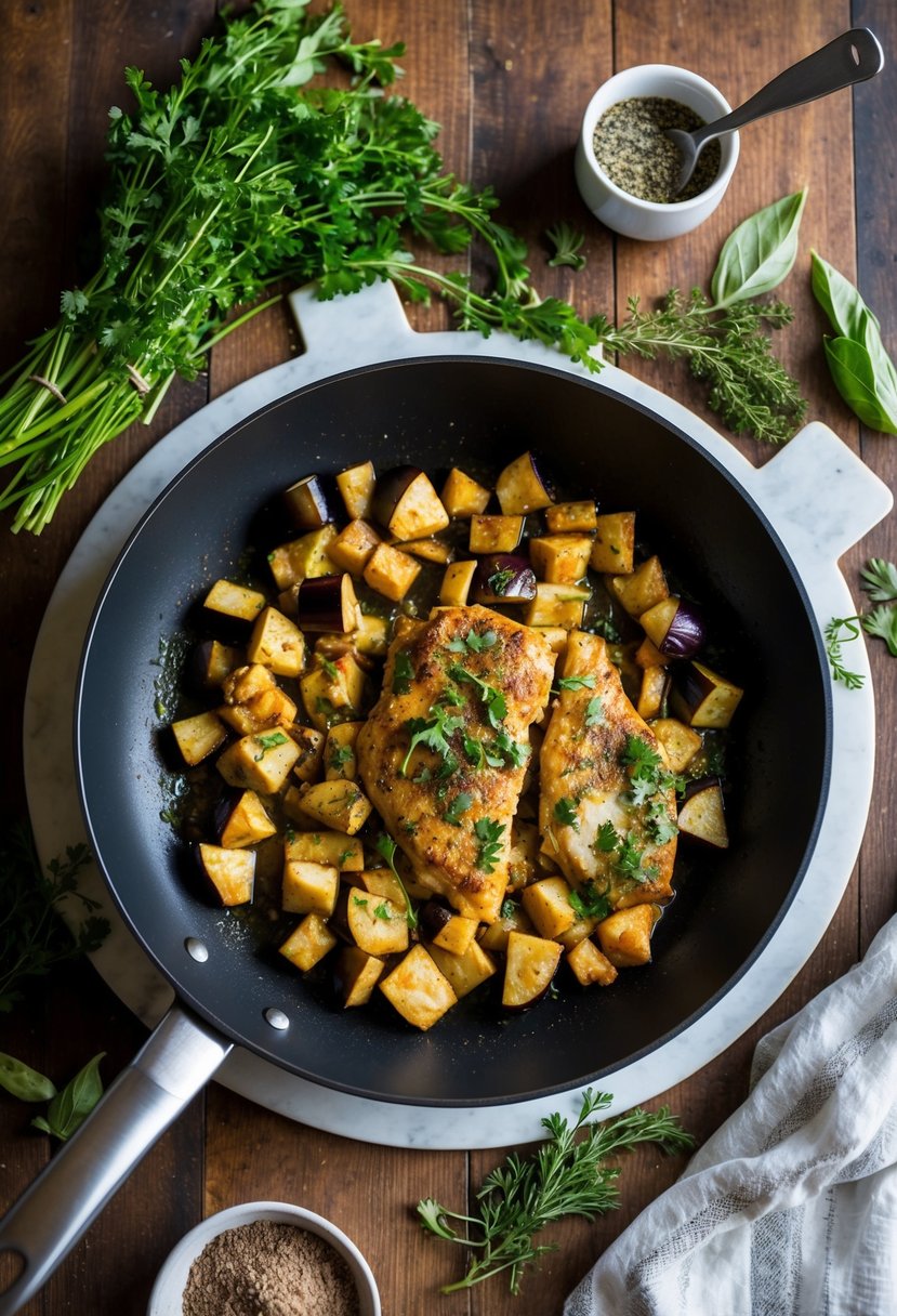 A sizzling skillet with diced eggplant and chicken cooking together, surrounded by fresh herbs and spices